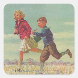 Adesivo Quadrado Vintage Children Running to School Carregando Book