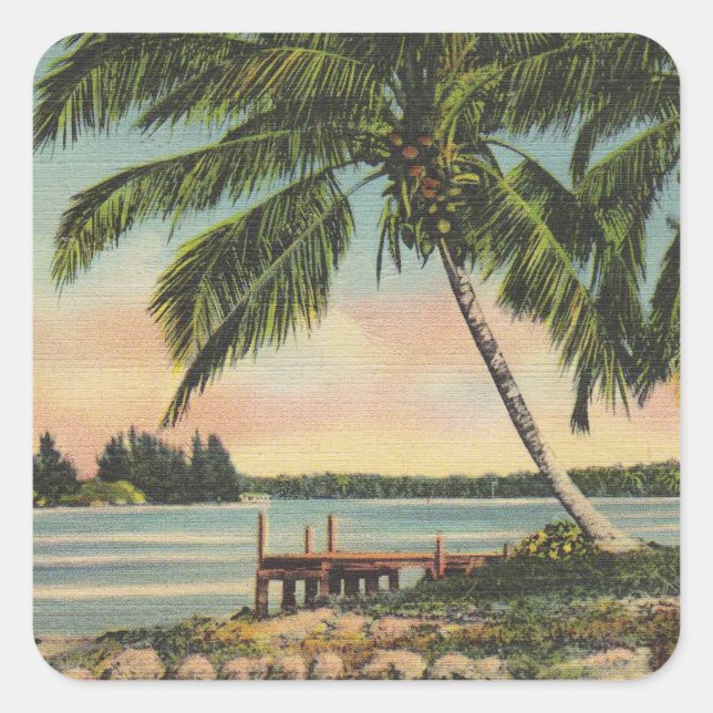 Adesivo Quadrado Vintage Coconut Palms Tropical Breeze Sunset (Frente)