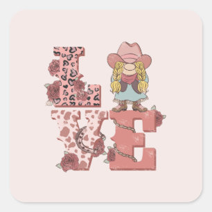 Adesivo Quadrado Vintage Country-Style "Love" com uma Cowgirl loira