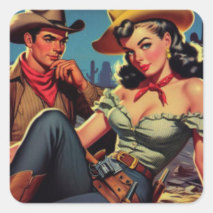 Adesivo Quadrado Vintage Cowboy e Cowgirl