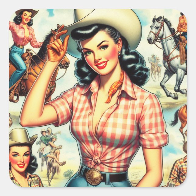 Adesivo Quadrado Vintage Cowgirl Ilustração Invisível (Frente)