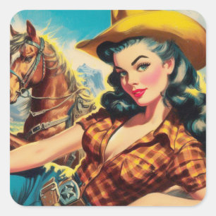 Adesivo Quadrado Vintage Cowgirl Painting