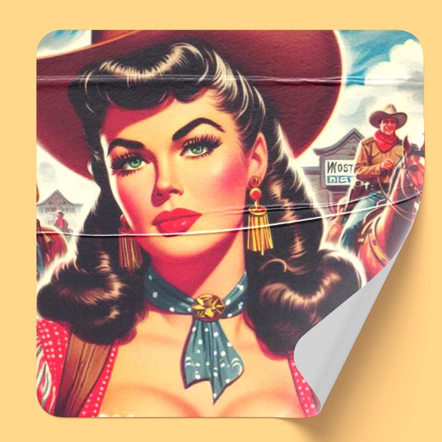 Adesivo Quadrado Vintage Cowgirl Pin-up (Criador carregado)