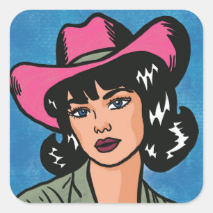 Adesivo Quadrado Vintage Cowgirl - Pop Art Desenhado à Mão