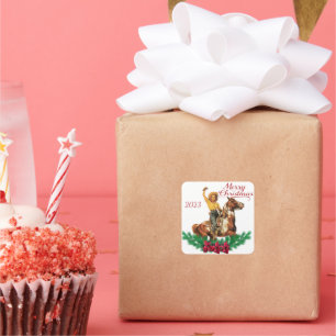 Adesivo Quadrado Vintage Cowgirl Sobre Cavalo Feliz Natal Napkins