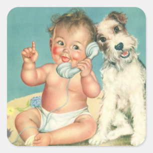 Adesivo Quadrado Vintage Cute Baby Conversando no Phone Puppy Dog
