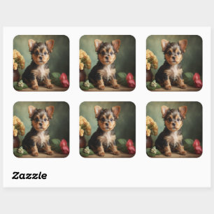 Adesivo Quadrado Vintage Cute Puppy Yorkshire Terrier Dog Portrait