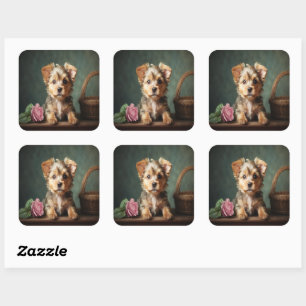 Adesivo Quadrado Vintage Cute Puppy Yorkshire Terrier Rosa Portrait