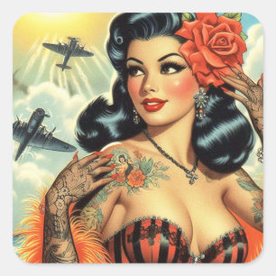 Adesivo Quadrado Vintage Cute Tattoo Girl