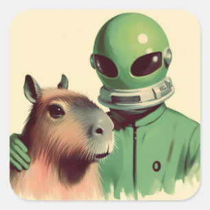 Adesivo Quadrado Vintage da Ilustração Retroativa do Space Man e Ca