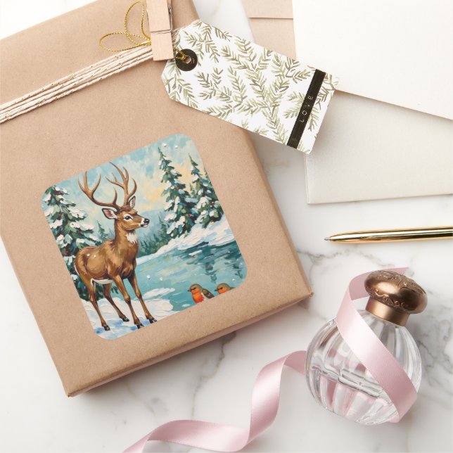 Adesivo Quadrado Vintage Deer and Robins Christmas Scene (Presentear)