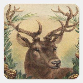 Adesivo Quadrado Vintage Deer Buck Stag Natureza Natal Russo