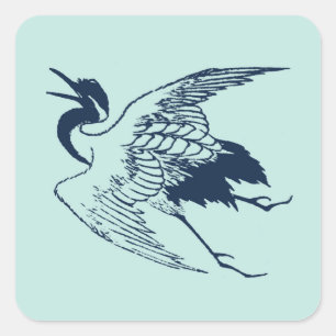 Adesivo Quadrado Vintage - Desenho japonês de uma grua, azul