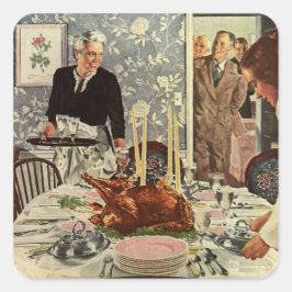 Adesivo Quadrado Vintage Dia de Ação de Graças Janta Turquia com Fa