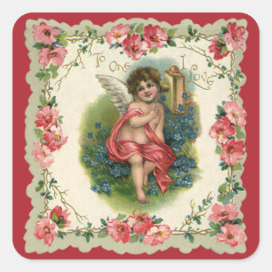 Adesivo Quadrado Vintage Dia de os namorados Vitoriano Cherub ao te