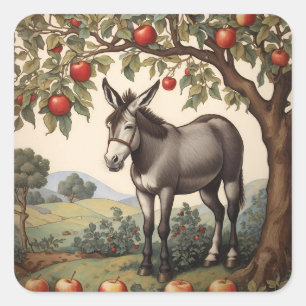 Adesivo Quadrado Vintage Donkey Sob Uma Árvore De Maçã