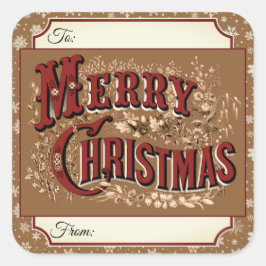 Adesivo Quadrado Vintage Dourada Vintage Merry Christmas Label Stic