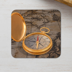 Adesivo Quadrado Vintage Dourado Compass on Antique Pirate Map
