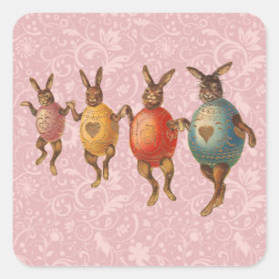 Adesivo Quadrado Vintage Easter Bunnies dança com fantasias de ovo