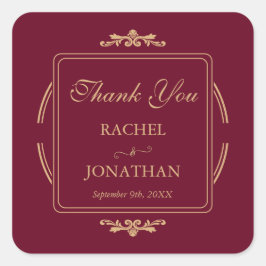 Adesivo Quadrado Vintage Elegant Burgundy & Gold Wedding Thank You