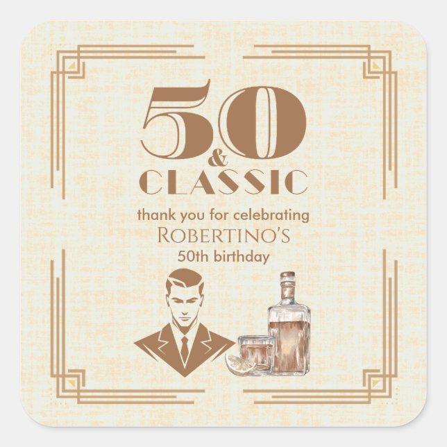Adesivo Quadrado Vintage Elegant Men's Whiskey 50th Birthday (Frente)