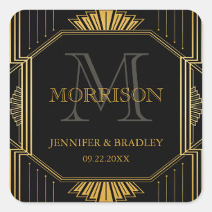 Adesivo Quadrado Vintage Elegante Art Deco Preto Casamento Dourado