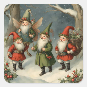 Adesivo Quadrado Vintage Fairy Tale Christmas Gnomos na Floresta