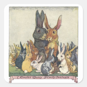Adesivo Quadrado Vintage - Família de coelhos de Páscoa