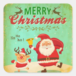 Adesivo Quadrado Vintage Feliz Papais noeis de Natal e Reindeer.