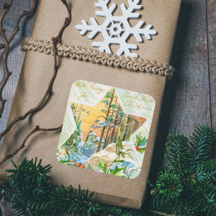 Adesivo Quadrado Vintage Felry Christmas Holly Red Berries Festivo