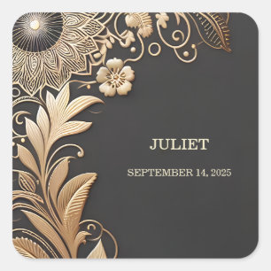 Adesivo Quadrado Vintage Floral Dourado Folha Embutida Chá de Noiva