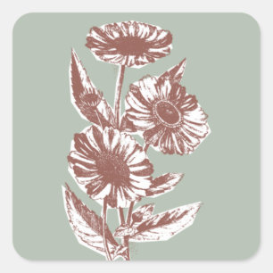 Adesivo Quadrado Vintage Floral Illustration Envelope Seal - Verde