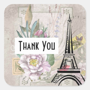 Adesivo Quadrado Vintage Flower Collage & Eiffel Tower Obrigado