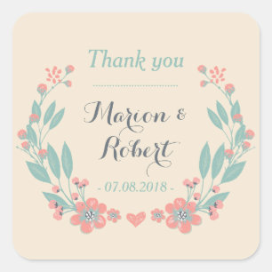 Adesivo Quadrado Vintage Flower Wreath Weding Obrigado Sticker