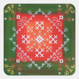 Adesivo Quadrado Vintage Folk art, letão, com símbolos de pintura a
