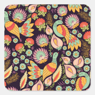 Adesivo Quadrado Vintage Folk Floral Birds Ornament