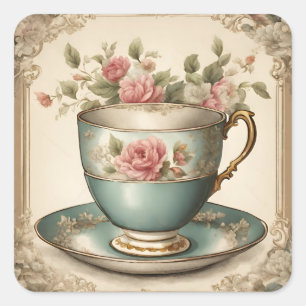 Adesivo Quadrado Vintage, França Floral TeaCup Garden Tea Party
