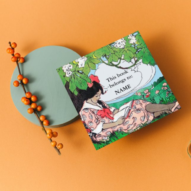 Adesivo Quadrado Vintage garota lendo prato do livro (Criador carregado)