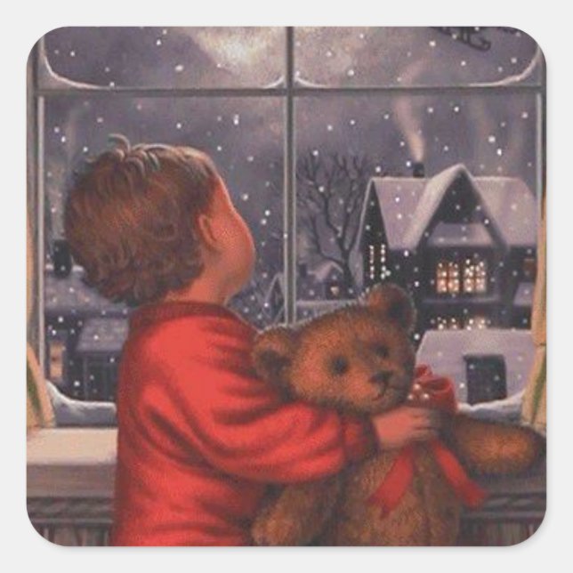 Adesivo Quadrado Vintage, garoto assistindo Papai Noel sobrevoando (Frente)