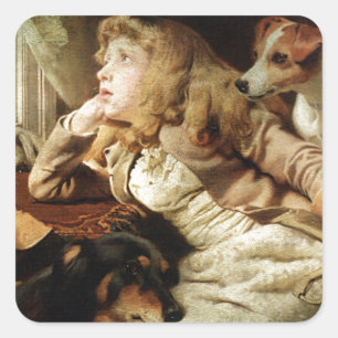 Adesivo Quadrado Vintage Girl and Two Dogs Grunge Frame