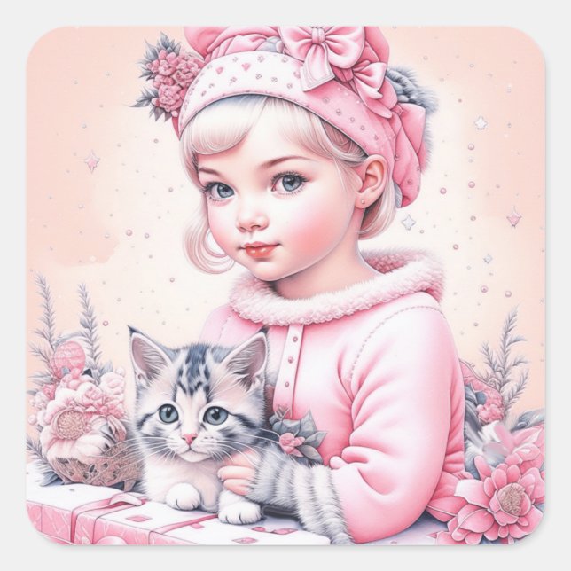 Adesivo Quadrado Vintage Girl e Kitty de Rosa (Frente)