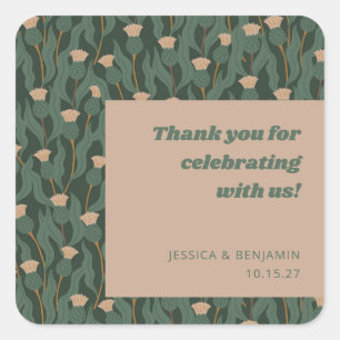 Adesivo Quadrado Vintage Green Floral Boho Personalizado Obrigado