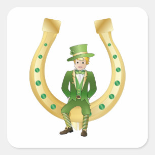 Adesivo Quadrado Vintage Green Leprechaun em uma ferradura ouro
