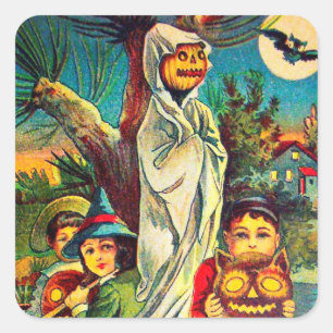 Adesivo Quadrado Vintage Halloween Crianças de abóbora Vintage