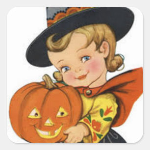 Adesivo Quadrado Vintage Halloween Girl Segurando Pumpkin