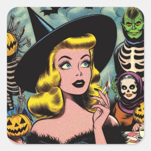 Adesivo Quadrado Vintage Halloween Histórias em quadrinhos Bruxas