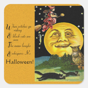Adesivo Quadrado Vintage Halloween Moon, Bruxa e Coruja com Poema
