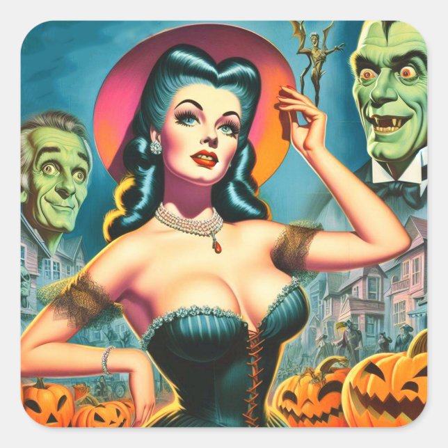 Adesivo Quadrado Vintage Halloween Pin-up (Frente)