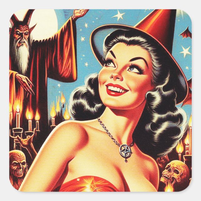 Adesivo Quadrado Vintage Halloween Witch Pin-up (Frente)