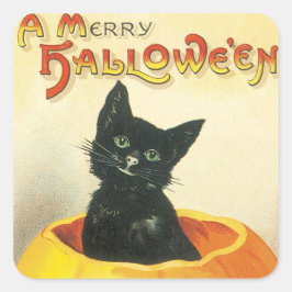 Adesivo Quadrado Vintage HalloweenEtiqueta de gato preto no Natal